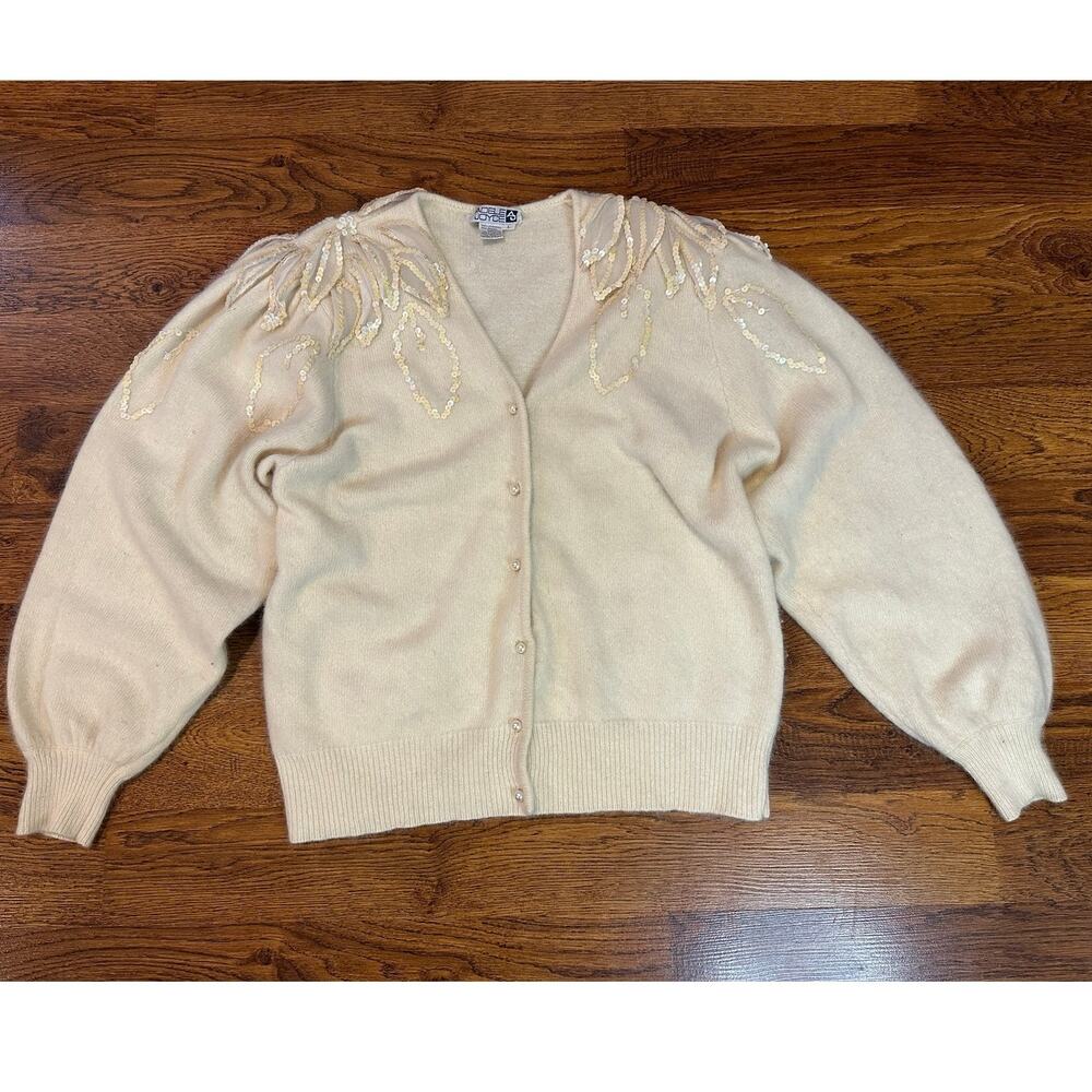 Vintage Adela Joyce Angora Lambswool Sequin Cardigan Sweater Women's Large Cream
